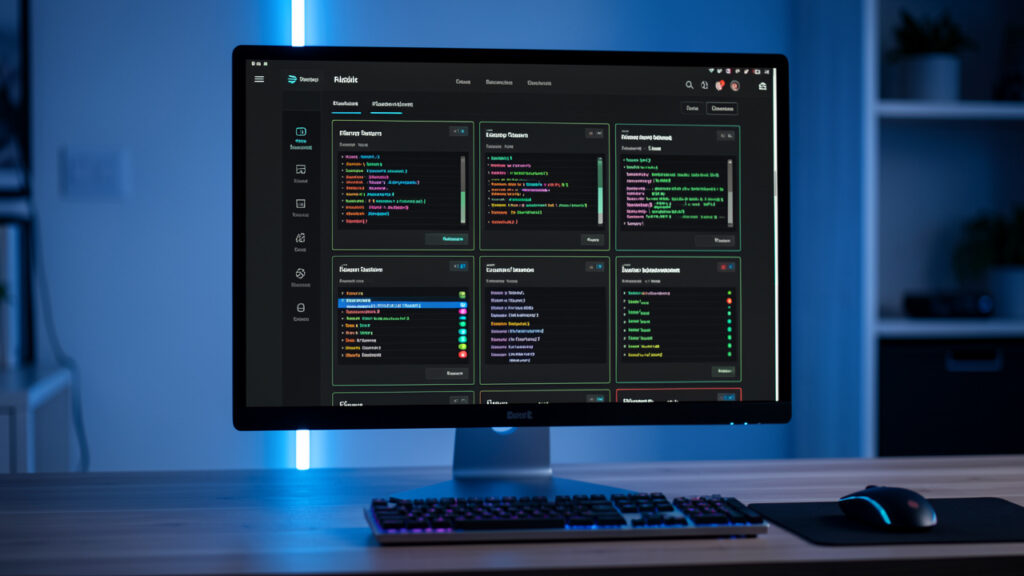 Ordinateur affichant une interface d’historique de versions avec panneaux successifs et diffs colorés, ambiance cybersécurité éditoriale, éclairage bleu sombre et rendu réaliste.