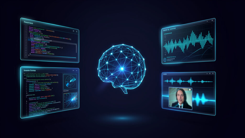 Illustration éditoriale d’une interface d’intelligence artificielle générative représentant différents médias par des panneaux abstraits lumineux autour d’un réseau neuronal central, dans des tons bleu foncé et cyan.