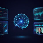 Illustration éditoriale d’une interface d’intelligence artificielle générative représentant différents médias par des panneaux abstraits lumineux autour d’un réseau neuronal central, dans des tons bleu foncé et cyan.