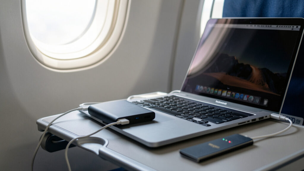 Batterie externe rechargeant un ordinateur portable posé sur une tablette d’avion pendant un voyage.