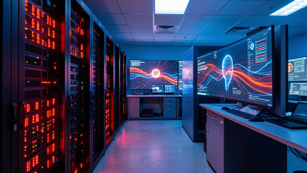 Centre de supervision informatique réaliste avec serveurs, équipements réseau et écrans abstraits aux voyants bleus, rouges et ambrés évoquant l’arrêt d’urgence d’un système d’intelligence artificielle.