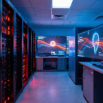 Centre de supervision informatique réaliste avec serveurs, équipements réseau et écrans abstraits aux voyants bleus, rouges et ambrés évoquant l’arrêt d’urgence d’un système d’intelligence artificielle.