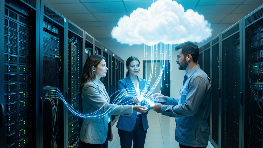 Trois professionnels informatiques coordonnent sereinement la migration sécurisée de fichiers depuis des serveurs vers une infrastructure cloud lumineuse dans un centre de données moderne.