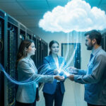 Trois professionnels informatiques coordonnent sereinement la migration sécurisée de fichiers depuis des serveurs vers une infrastructure cloud lumineuse dans un centre de données moderne.