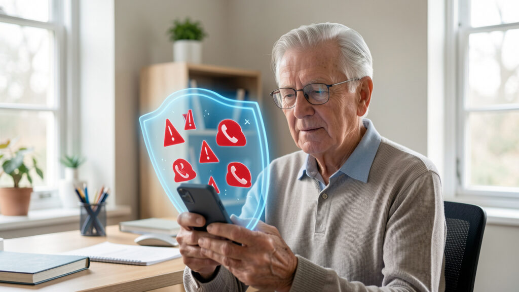 Un homme senior tient son smartphone entouré d’un bouclier bleu protecteur contre les alertes d’appels et de messages frauduleux.