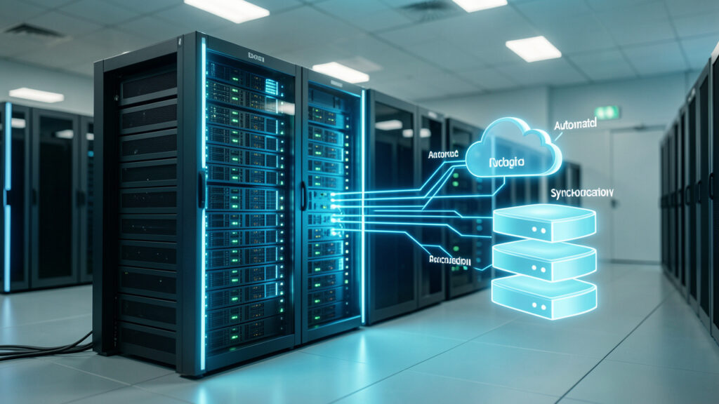 Illustration réaliste d’un système de sauvegarde automatisée pour un site e-commerce, avec serveurs, bases de données et synchronisation vers un stockage cloud.