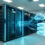 Illustration réaliste d’un système de sauvegarde automatisée pour un site e-commerce, avec serveurs, bases de données et synchronisation vers un stockage cloud.