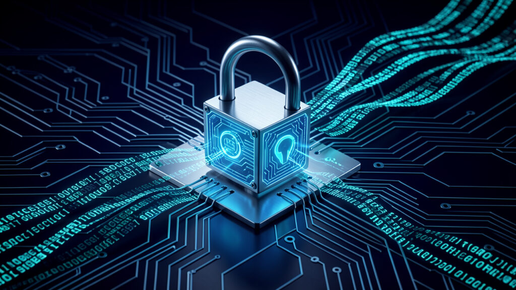 Illustration technique d’une infrastructure moderne de cybersécurité avec un cadenas numérique lumineux, des circuits quantiques stylisés et des flux de données chiffrés sur un fond bleu sombre.