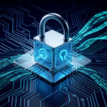 Illustration technique d’une infrastructure moderne de cybersécurité avec un cadenas numérique lumineux, des circuits quantiques stylisés et des flux de données chiffrés sur un fond bleu sombre.
