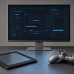 Illustration éditoriale réaliste montrant une liseuse, une manette de jeu et un écran présentant une interface abstraite de licence numérique dans une ambiance sobre et technique.