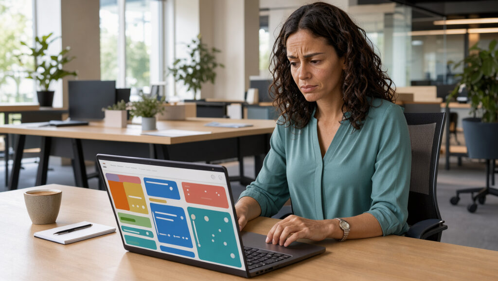Une responsable du service client examine un logiciel de gestion du support sur un ordinateur portable dans un bureau moderne.