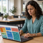 Une responsable du service client examine un logiciel de gestion du support sur un ordinateur portable dans un bureau moderne.